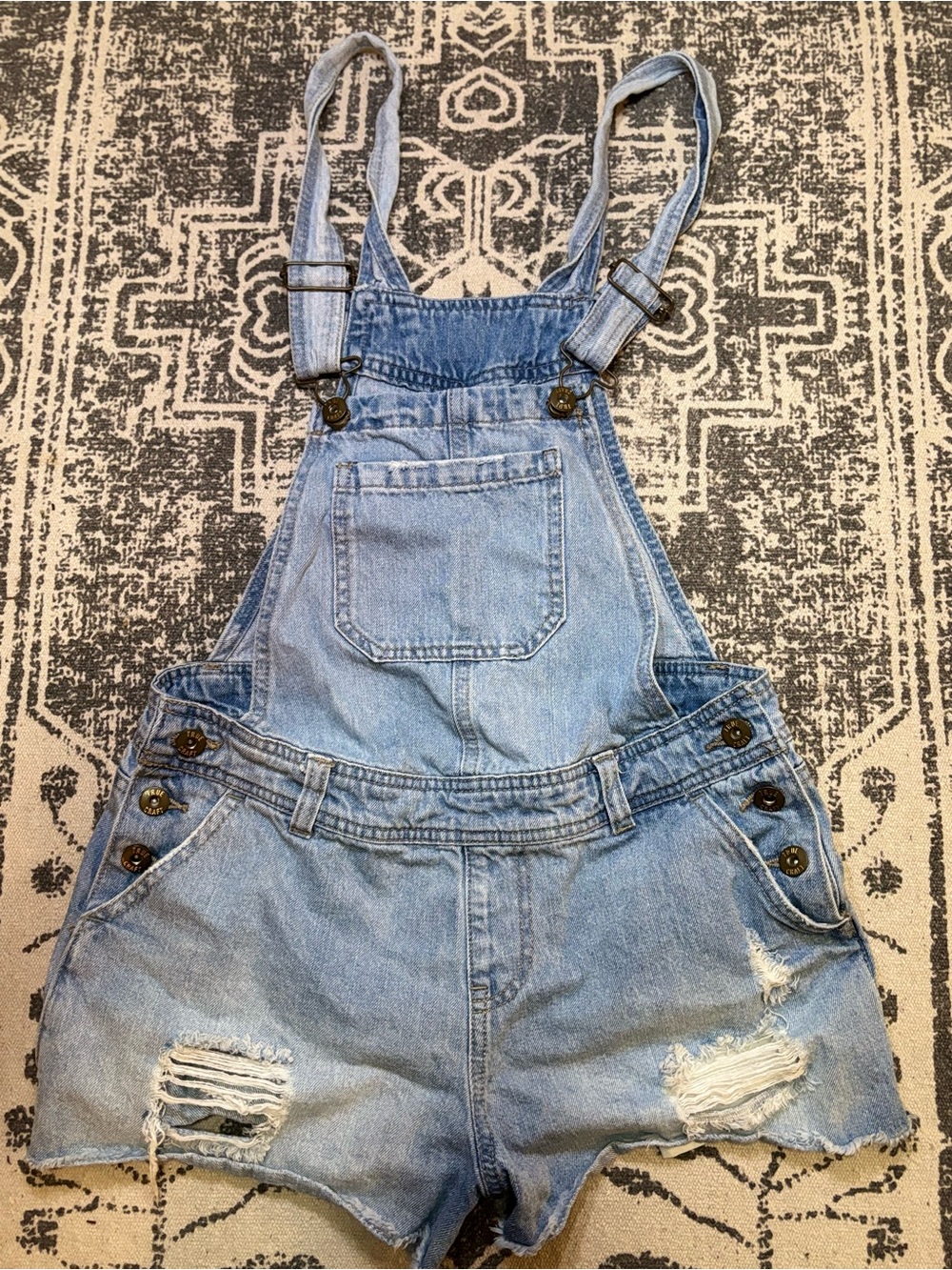 True Craft Light Blue Distressed Denim Overall Shorts